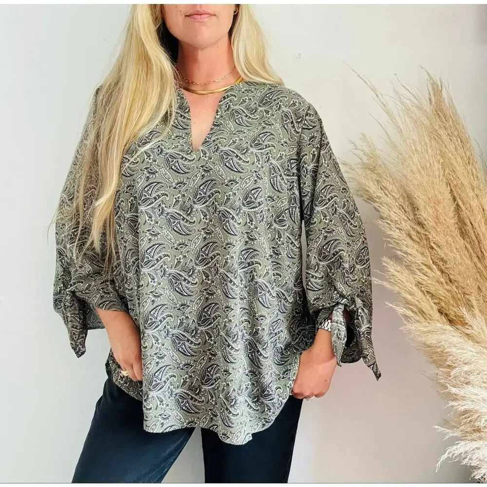 MICHAEL KORS Sage Green White Pasiley Tie Sleeve Tunic $120 Blouse Top Shirt 2X